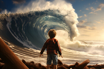Kid standing in front of a massive wave, kid standing next to wave - obrazy, fototapety, plakaty