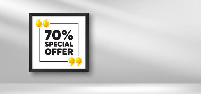 Photo frame banner. 70 percent discount offer tag. Sale price promo sign. Special offer symbol. Discount picture frame message. 3d comma quotation. Vector