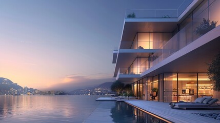 A waterfront luxury apartment building with a modern design characterized by floor-to-ceiling windows and balconies overlooking a serene harbor, exuding sophistication and elegance. - obrazy, fototapety, plakaty