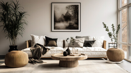 A living room with a black and white photo on the wall and a white couch. The room has a modern and minimalist style