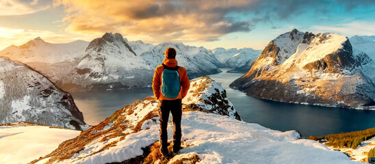 Mann steht auf Berggipfel mit Blick über eine Landschaft mit Bergen und Fjorden  - obrazy, fototapety, plakaty