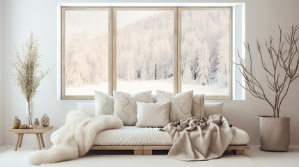 A living room with a couch, a potted plant, and a window with a view of snow-covered trees