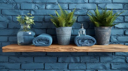  A blue brick wall serves as a backdrop for a shelf with a potted plant, two towels, and two vases - obrazy, fototapety, plakaty