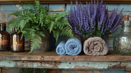  A few towels resting atop a wooden ledge beside a vase containing lush purple-green foliage