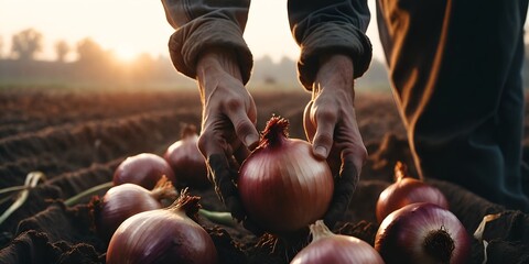 Harvest. Hands with onion vegetables against field