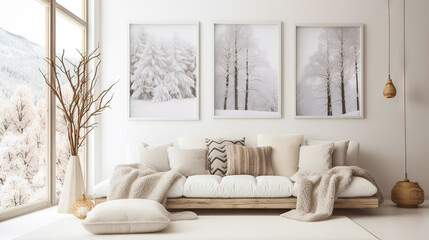A living room with a white couch and a white vase with a tree in it. The room has a wintery feel with the tree and snow - obrazy, fototapety, plakaty
