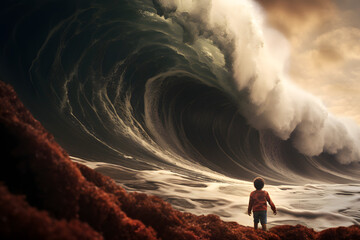 Kid standing in front of a massive wave, kid standing next to wave - obrazy, fototapety, plakaty