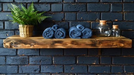  A bookshelf with plants and towels A brick background