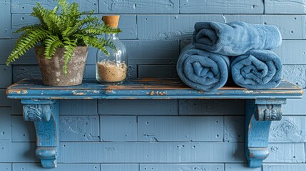  A blue-shelved potted plant sits atop blue towels, adjacent to a blue brick wall