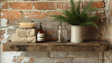  A wooden shelf holds a potted plant, soap dispenser, and bottle of lotion - obrazy, fototapety, plakaty