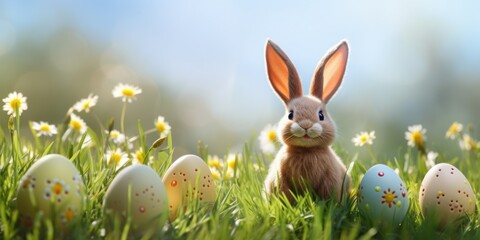 Easter bunny in green grass with painted eggs, sunny day, egg hunt, Happy Easter banner background - 762714194