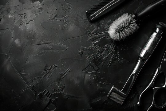 A black background with a comb, brush, and scissors