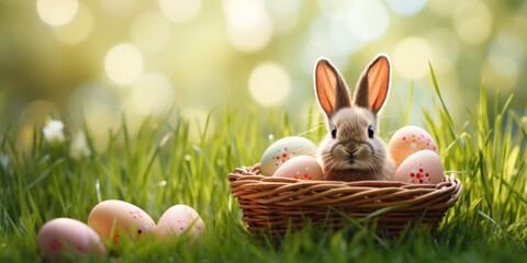 Easter bunny in green grass with painted eggs, sunny day, egg hunt, Happy Easter banner background - 762714320