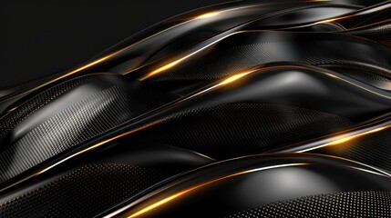 Dark geometric carbon fiber with golden luminous lines and highlights background. AI generated