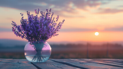 A bouquet of lavender in a transparent vase on a wooden table against a background of sunset in the...