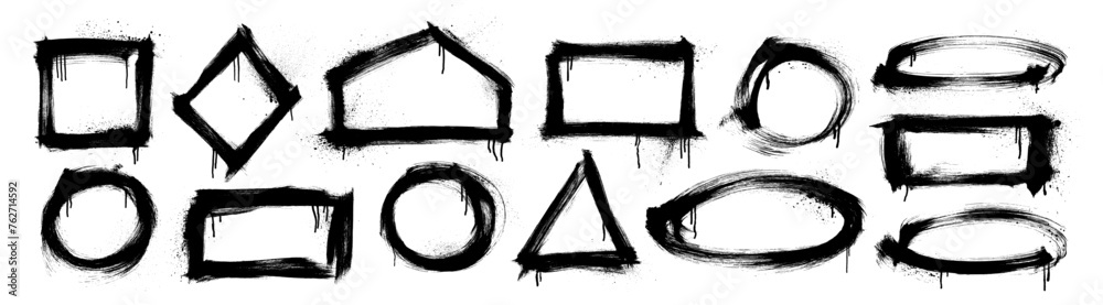 Poster abstract geometric shapes in graffiti style with spray and drips. hand drawn various grunge geometri