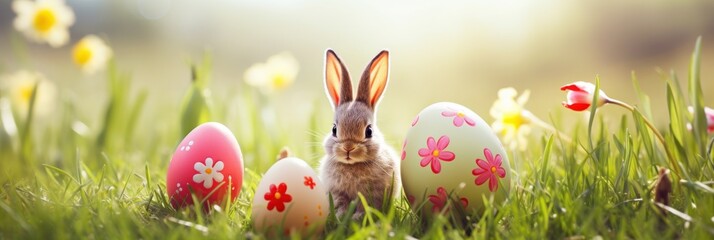 Easter bunny in green grass with painted eggs, sunny day, egg hunt, Happy Easter banner background - 762714558