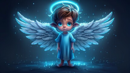  Digital art of a young child with angelic wings and halos on blue backdrop
