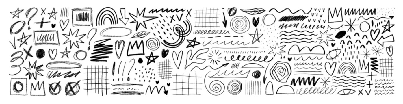 Hand drawn various doodle shapes, pencil arrows, stars, hearts and crown. Charcoal pencil scribble lines.
