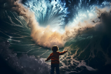 Kid standing in front of a massive wave, kid standing next to wave