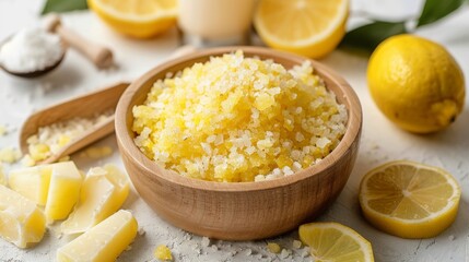 A bowl of homemade lemon body scrub, accompanied by soap and sea salt