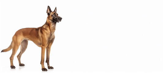 Belgian Malinois Dog. Police Pet Trained for Securicy. German Shepherd on White Background. Cute Happy Adult Canine Sitting and Standing and Watching the Camera. Sheepdog Animal Isolated on White. - 762714902