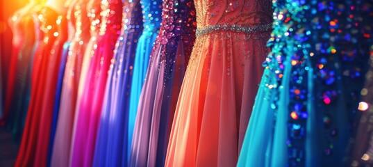 Luxurious formal dresses for sale in modern boutique   prom, wedding, evening gowns rental - obrazy, fototapety, plakaty
