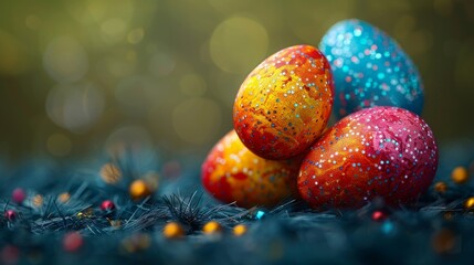  A cluster of vibrantly painted eggs perched atop a lush green lawn, speckled with tiny droplets