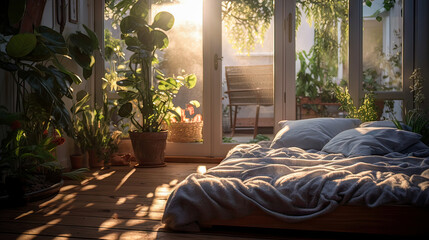A bedroom with a bed, a chair, and a potted plant. The bed is covered with a blanket and pillows. The room has a cozy and relaxing atmosphere - obrazy, fototapety, plakaty
