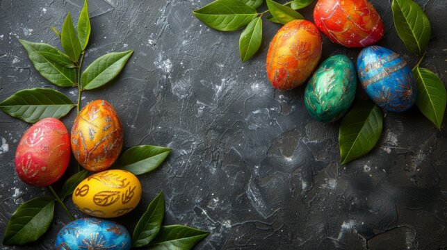  A cluster of colored eggs placed on a table nearby a verdant tree limb