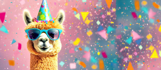Fototapeta premium Alpaka mit Sonnenbrille und Partyhut, Konfetti im Hintergrund 