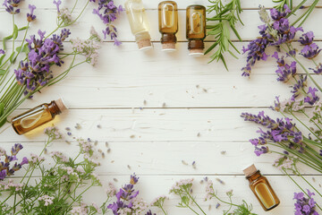 Beautiful floral background with essential oil bottles on a white wooden table in a flat lay, top view. Delicate lavender flowers and herbs surround the frame with a copy space in the center.