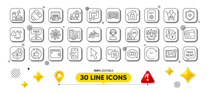 Attention bell, Lock and Add photo line icons pack. 3d design elements. Charging station, Return package, Time change web icon. Shopping, 5g internet, Refresh like pictogram. Vector
