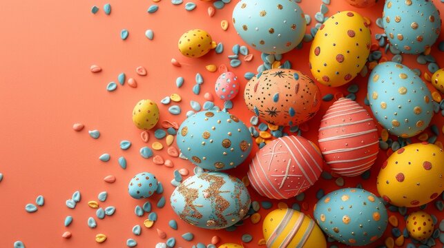  A pink background with colorful Easter eggs and golden-blue sprinkles