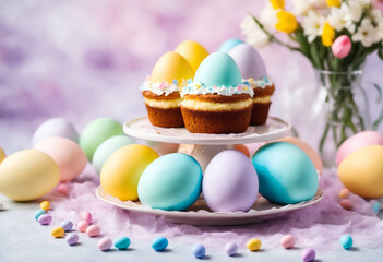 Fototapeta na wymiar Easter pastel colored eggs and cake