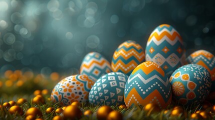  A cluster of colorful eggs resting atop a verdant field of orange and blue eggs