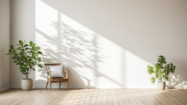 A white room with a chair and two potted plants. The chair is in front of a window, and the plants are on either side of it. The room has a clean and minimalist look, with the white walls