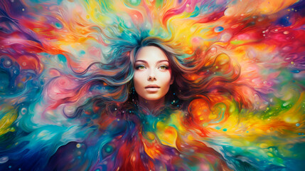 A vibrant painting depicting a woman with a colorful hairstyle. The womans hair stands out with bright hues, creating a striking contrast against the rest of the painting. Banner. Copy space