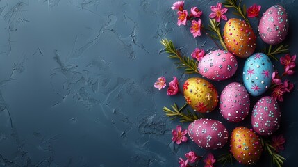 Obraz na płótnie Canvas A painted egg cluster sits atop a table, alongside a floral arrangement on a blue backdrop