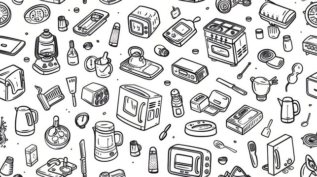 A seamless pattern featuring hand-drawn illustrations of various household appliances
