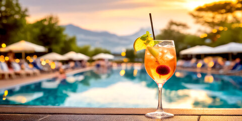 Cocktail am Beckenrand im Hintergrund in Pool  - obrazy, fototapety, plakaty