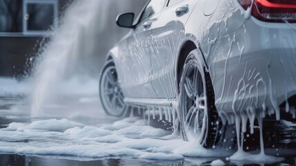 A manual car wash vividly captured with white soap and foam covering the car's body