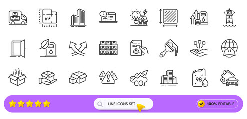 Boxes shelf, Packing boxes and Petrol station line icons for web app. Pack of Brush, Consolidation, Technical documentation pictogram icons. Fuel price, Open box, Home charging signs. Vector