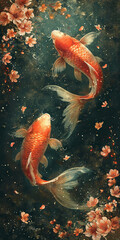 Obraz na płótnie Canvas Two vibrant koi fish swimming with cherry blossoms in a dreamy water scene