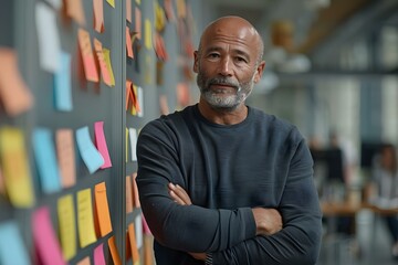 Man presenting Scrum Agile method to diverse team using sticky notes. Concept Agile Methodology, Scrum Framework, Team Collaboration, Project Management, Sticky Notes Strategy