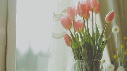 a vase filled with pink tulips sitting on top of a window sill next to a window sill.