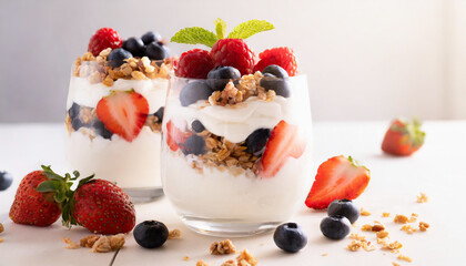 Healthy Food Photography - Greek Yogurt Parfait with Fresh Berries and Granola