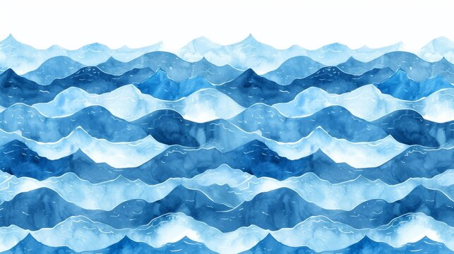 Watercolor painting featuring dynamic blue waves on a stark white background, showcasing movement and energy