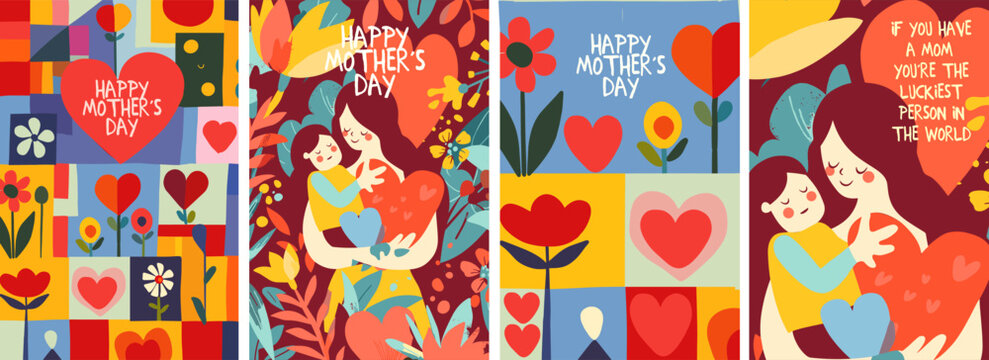 A heartwarming collection of four Mother's Day vector illustrations, featuring joyful patterns of heart-shaped flowers and a tender moment between a mother and child.