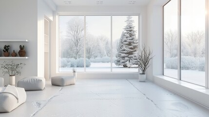 A serene white empty room, featuring a winter landscape visible through the window